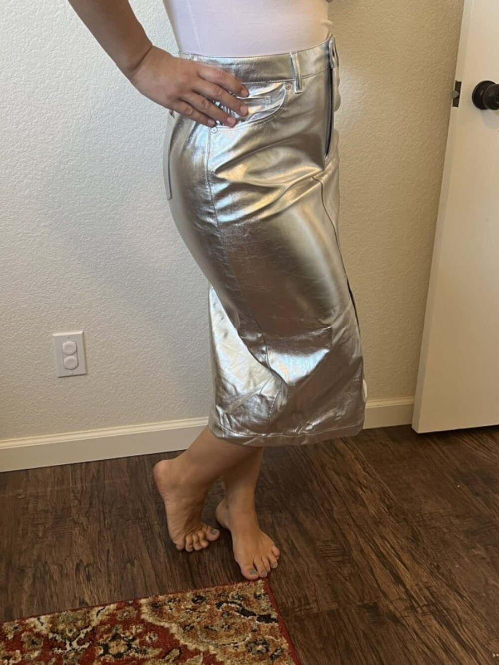 LOFT Silver Metallic Midi Skirt 5-Pocket Denim-Style